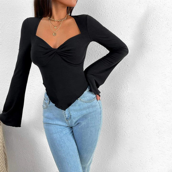 V-neck Flared Sleeves Waist Trimming Knitted Long Sleeve T-shirt