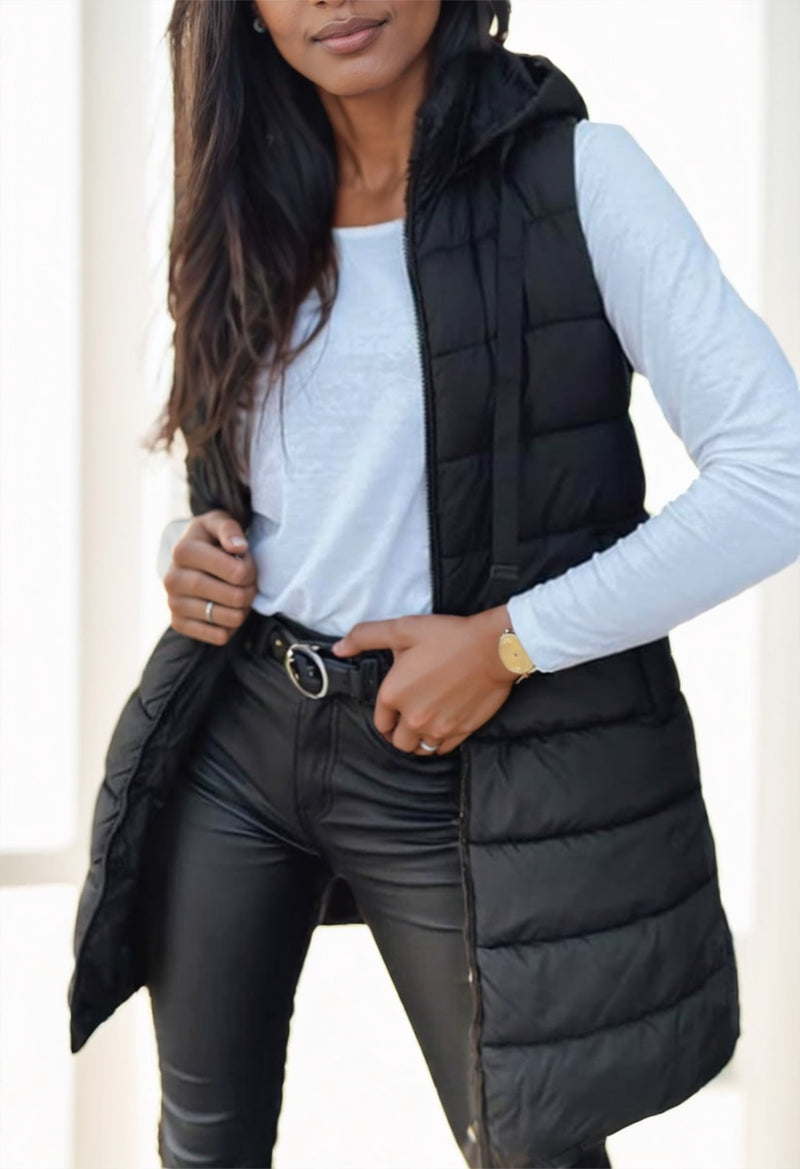 Women's long hooded puffer vest, view 5 - MRSLM