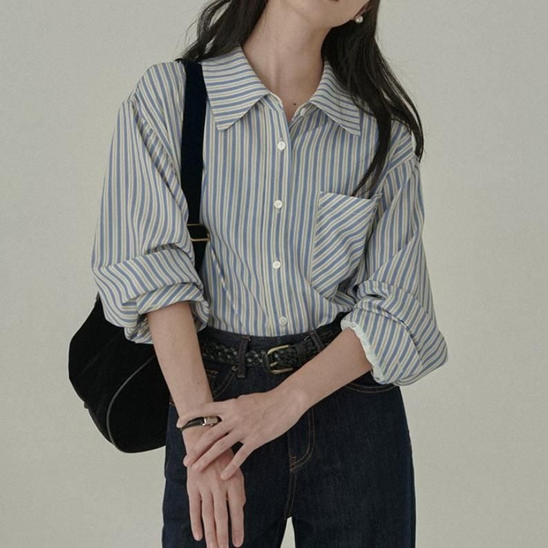 Elegant striped long sleeve blouse, view 3 - MRSLM