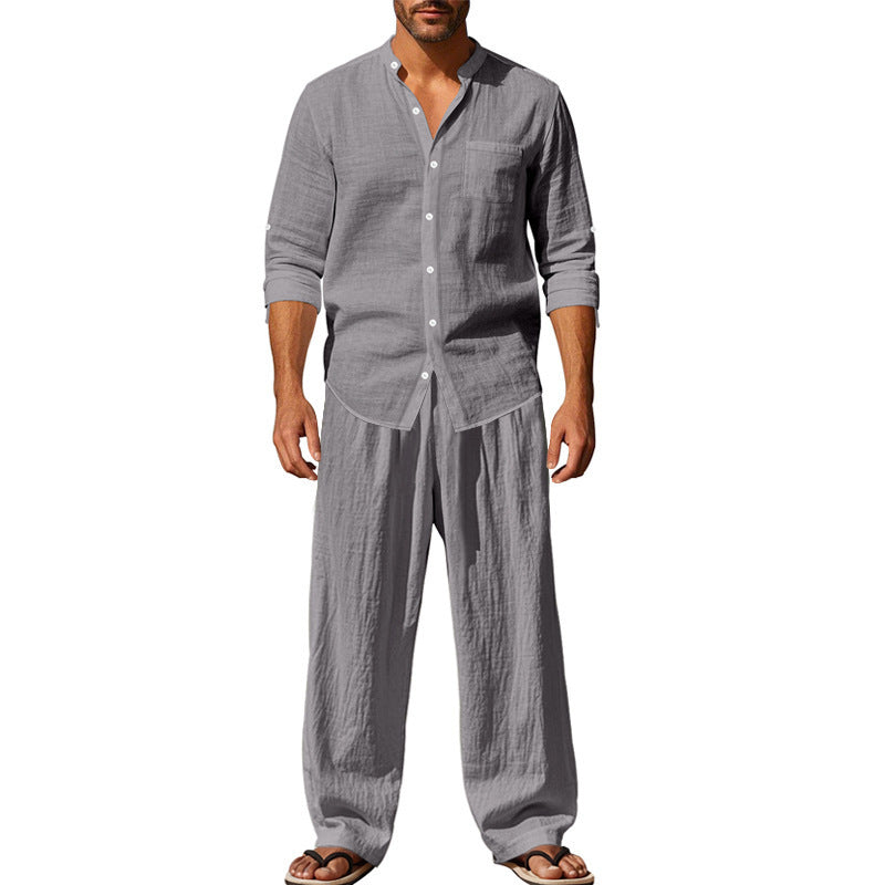 men's linen shirt and trousers beach set, view 8 - MRSLM