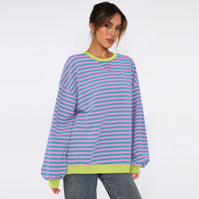 women's patchwork striped loose sweatshirt, view 2 - MRSLM