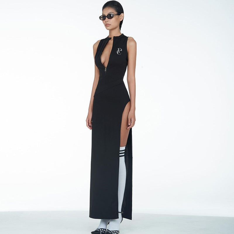 black slit backless long dress, view 6 - MRSLM