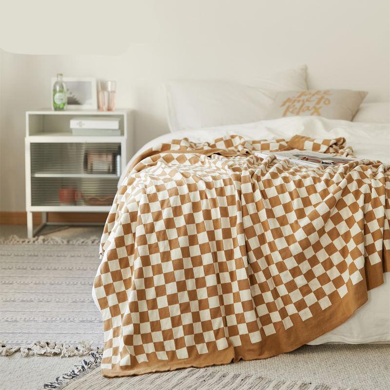 checkerboard plaid cotton knitted blanket, view 2 - MRSLM