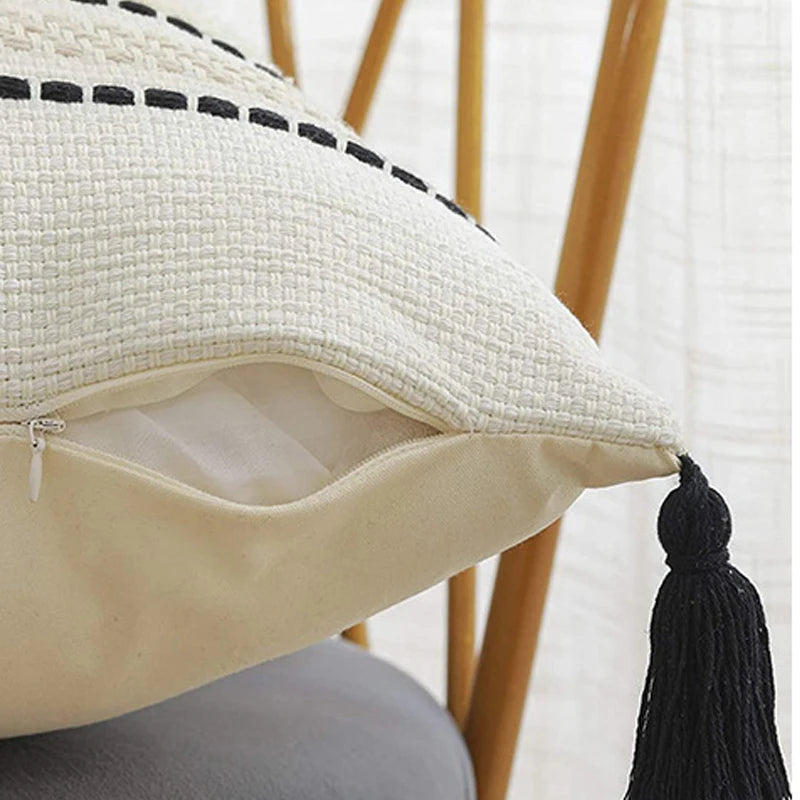 Black and white tassel cushion cover, view 10 - MRSLM