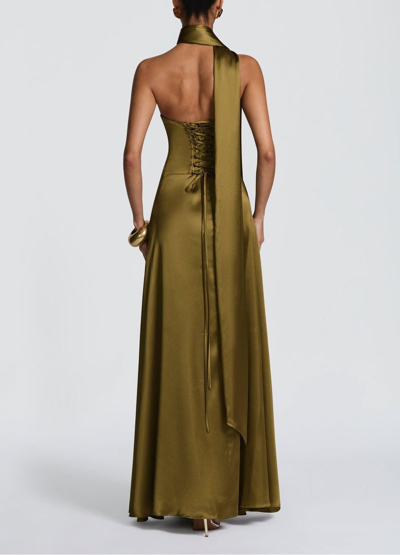 strapless satin maxi dress, view 6 - MRSLM