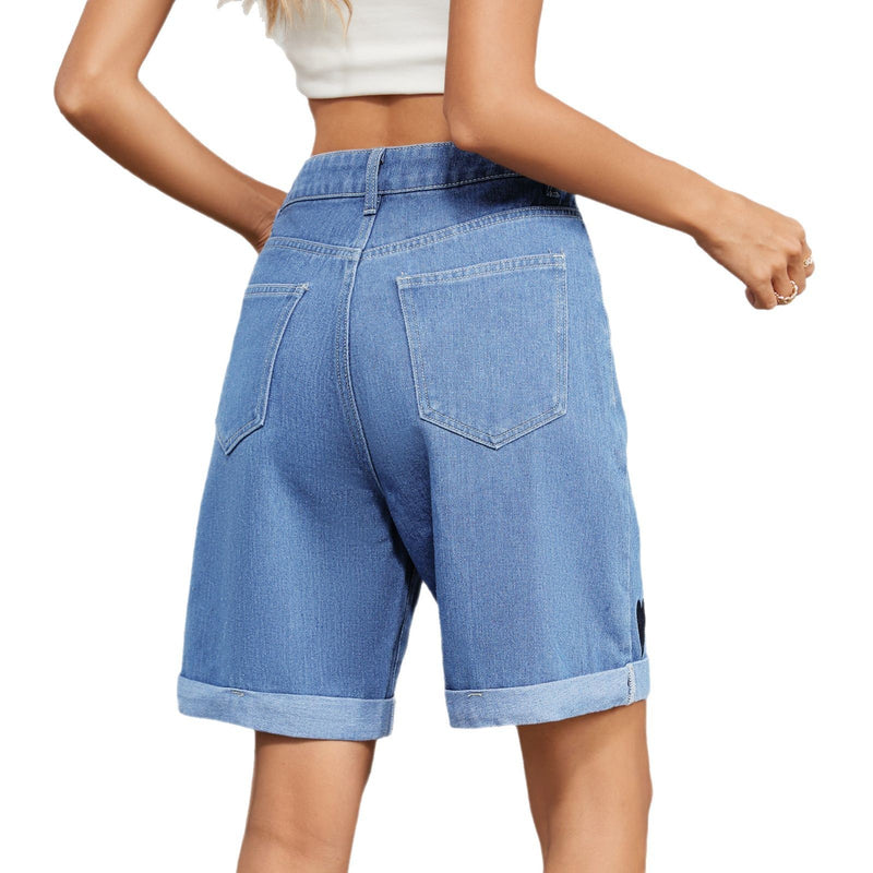 Women's ripped curled hem denim shorts, view 5 - MRSLM