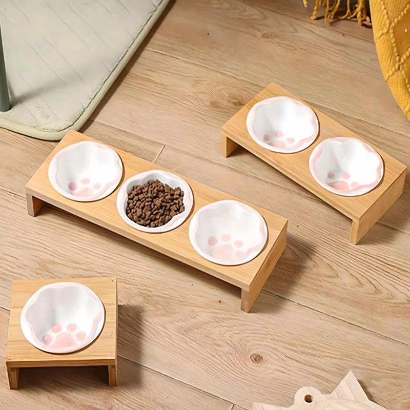 cartoon paw raised pet bowl with wooden stand, view 7 - MRSLM