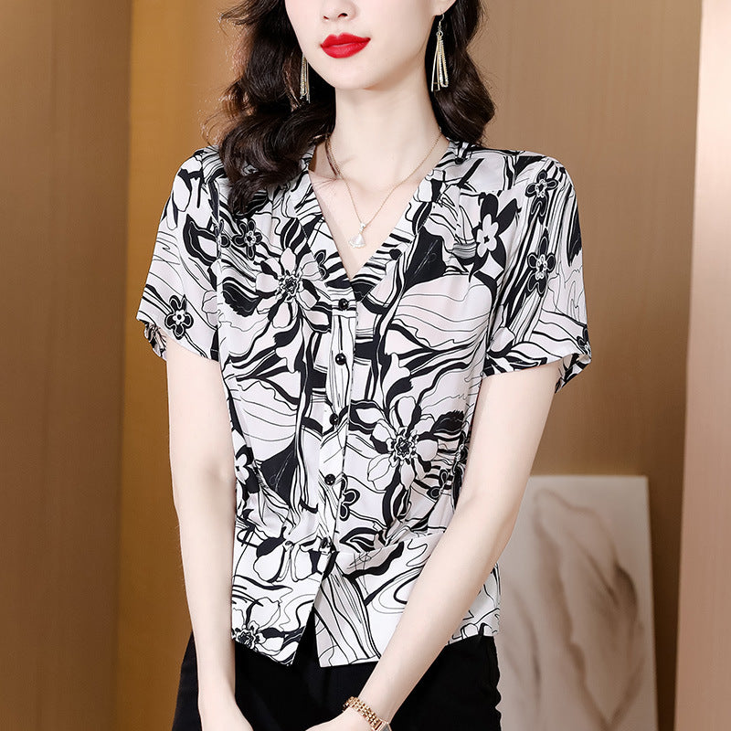 women's floral short sleeve v-neck shirt - MRSLM