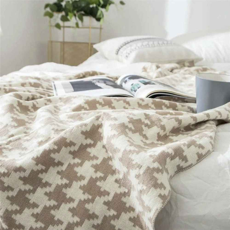 classic houndstooth plaid cotton knitted blanket, view 7 - MRSLM