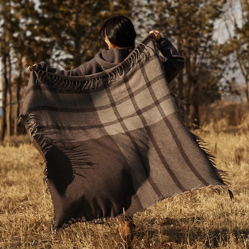 wool plaid scarf shawl in coffee beige, view 4 - MRSLM