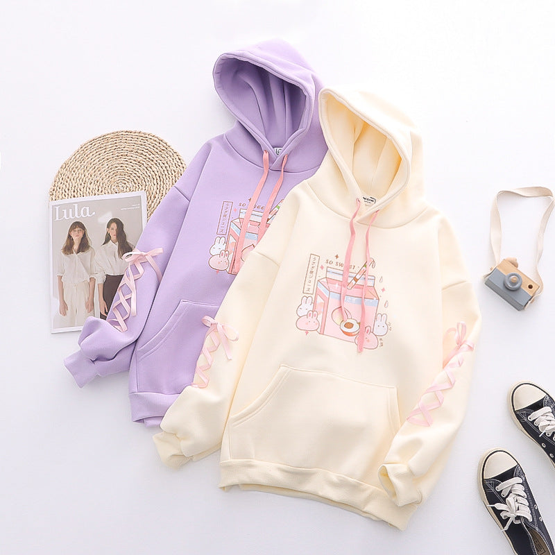 cartoon bunny peach drink fleece hoodie, view 8 - MRSLM