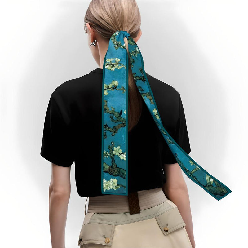 skinny silk scarf with art print, view 9 - MRSLM