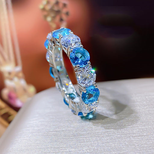 micro-set aquamarine color silver ring, view 2 - MRSLM