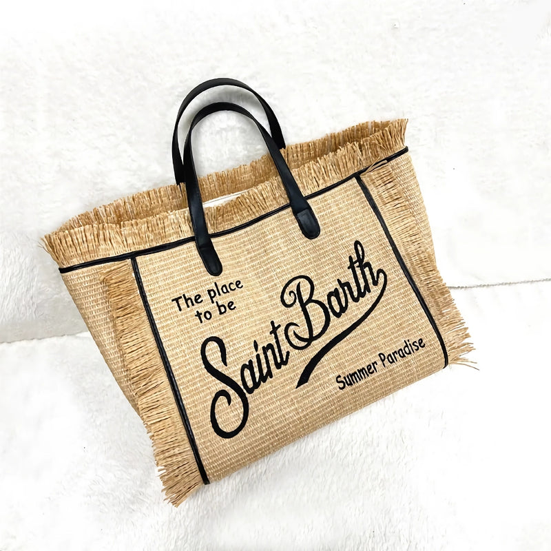 embroidered straw tote, view 6 - MRSLM
