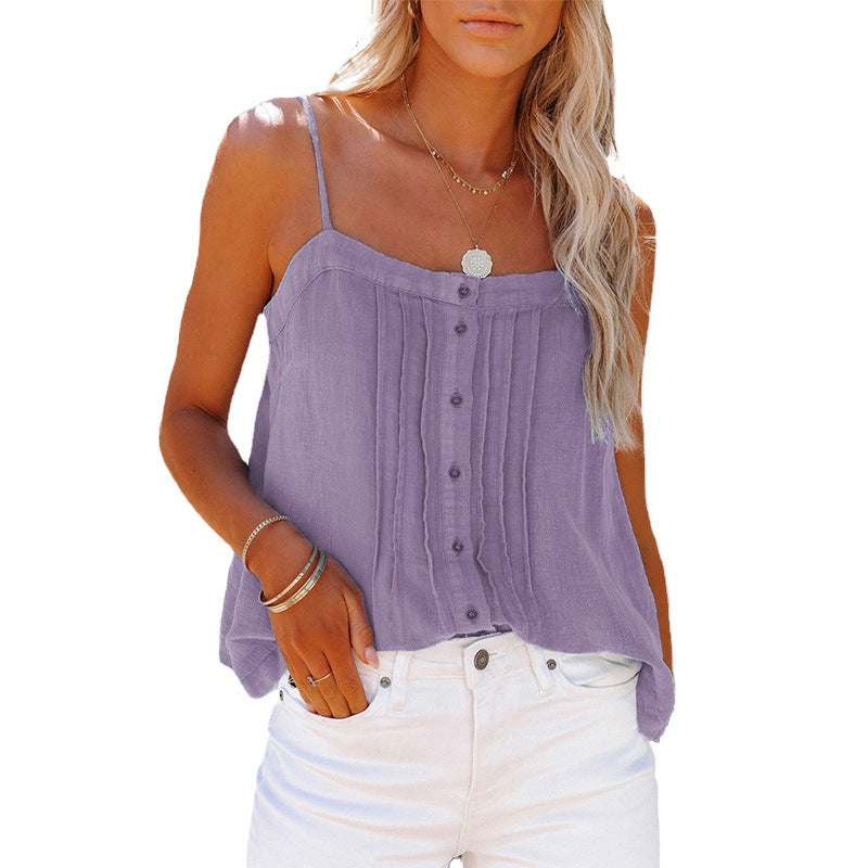 women's square collar button camisole denim vest, view 7 - MRSLM