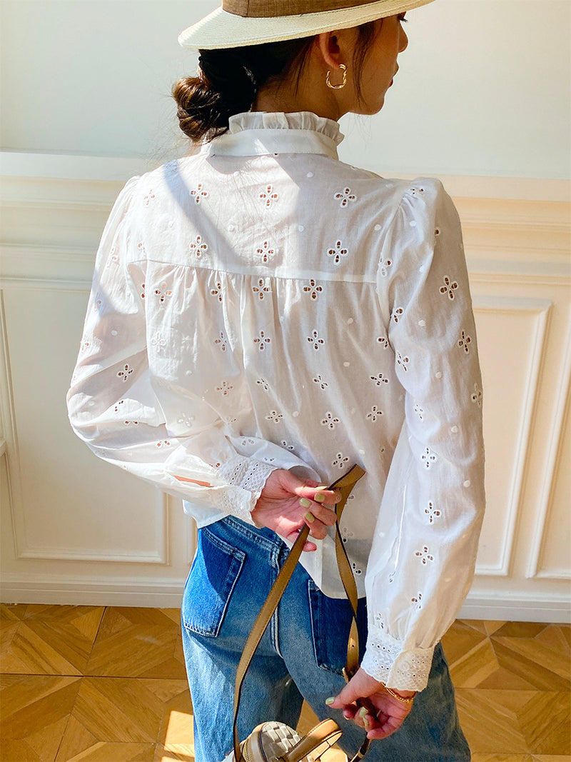 women's french puff sleeve embroidered cotton shirt, view 4 - MRSLM