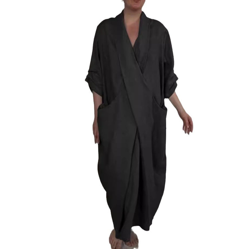 Women's linen V-neck dress with pockets, view 5 - MRSLM