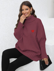 women's loose turtleneck sweater with heart patches, view 8 - MRSLM