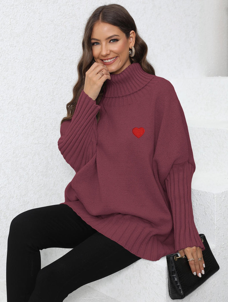 women's loose turtleneck sweater with heart patches, view 8 - MRSLM