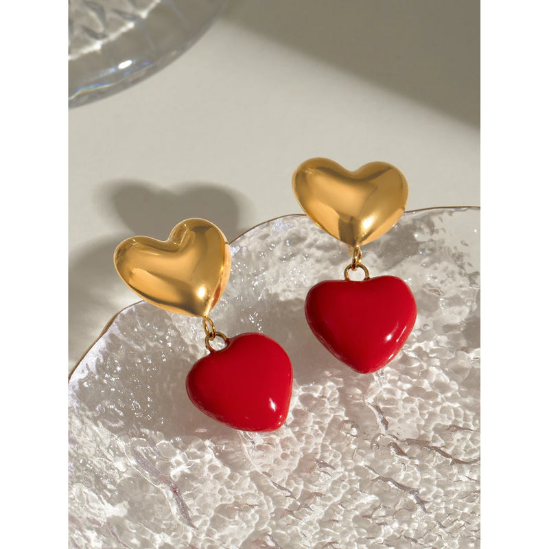 18K gold plated red heart pendant earrings, view 3 - MRSLM