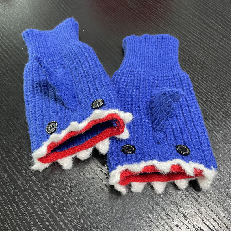 cartoon shark half finger knitted gloves, view 8 - MRSLM