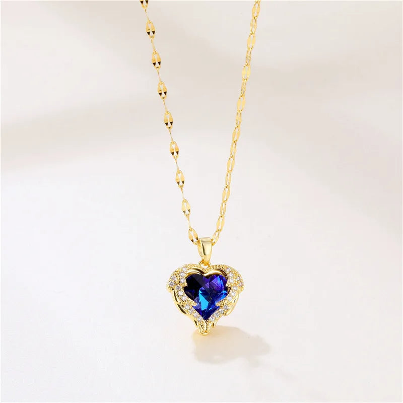 golden ocean heart titanium steel necklace, view 6 - MRSLM