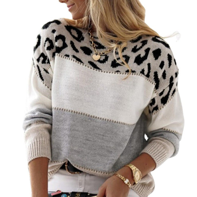 women's leopard print color-block crew sweater, view 2 - MRSLM
