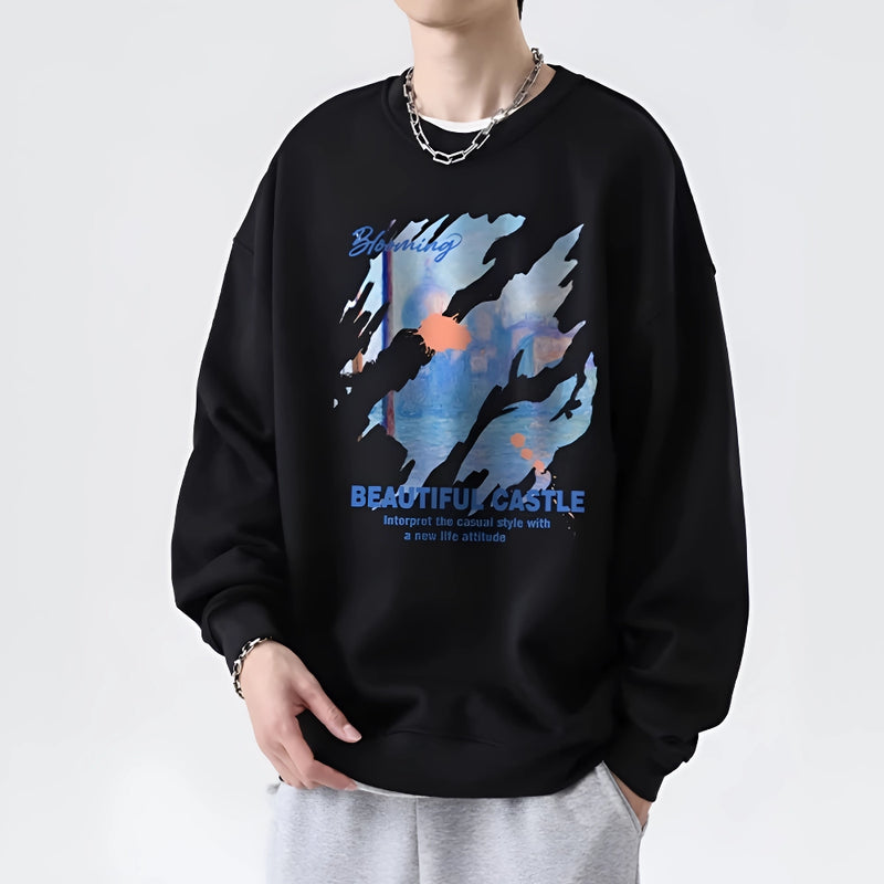 Landscape Graphic Print Oversized Cotton Sweatshirt for Men