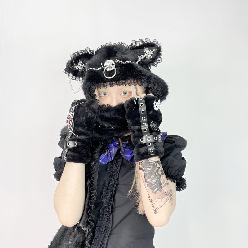 punk black furry skull wool gloves, view 4 - MRSLM