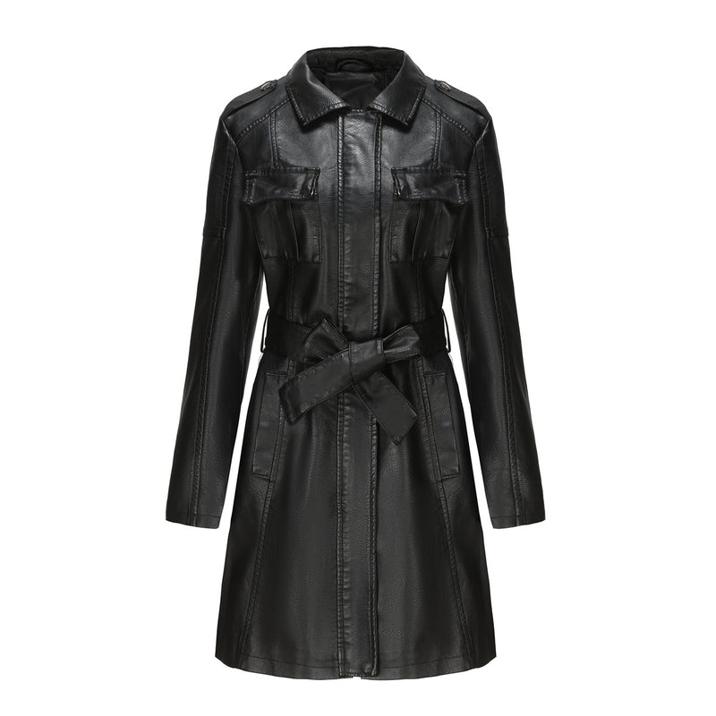 women's mid-length faux leather coat with belt, view 4 - MRSLM