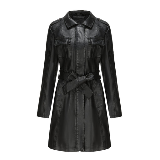 women's mid-length faux leather coat with belt, view 4 - MRSLM
