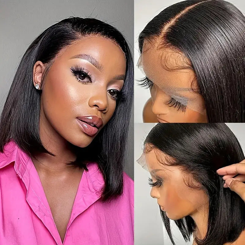 Short Bob Lace Front Wig, Black Straight Full-Head Wig