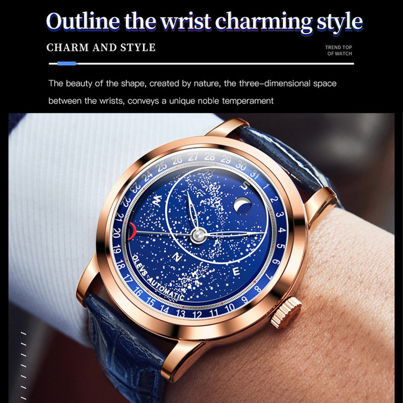 starry sky automatic leather watch, view 4 - MRSLM