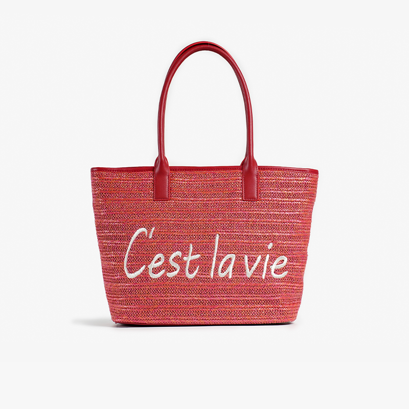 casual straw tote bag with letter decoration, view 2 - MRSLM