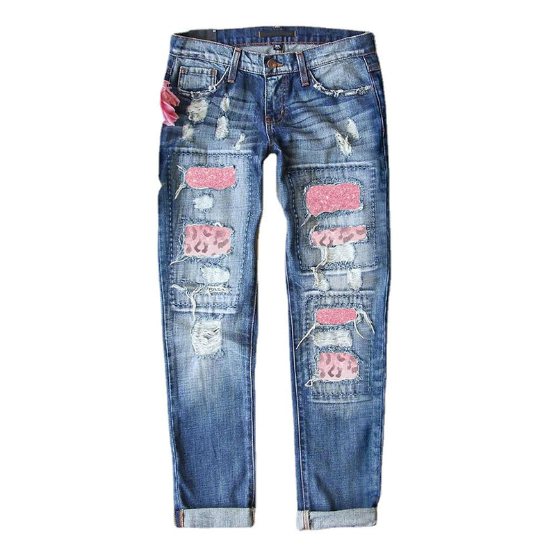 Women's Ripped Jeans with Printed Patch, Casual Trousers