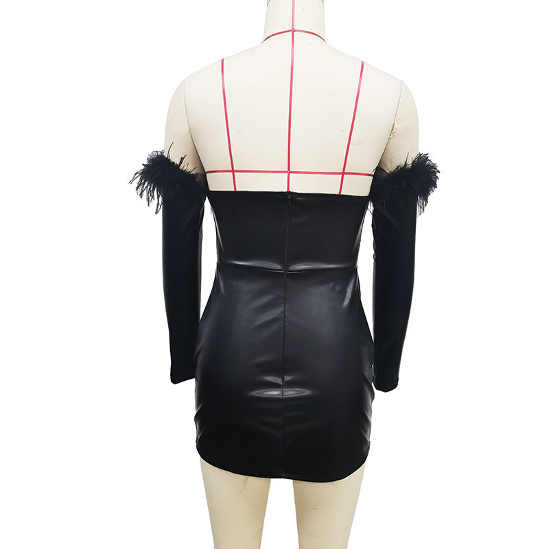 women's black long sleeve PU dress, view 10 - MRSLM