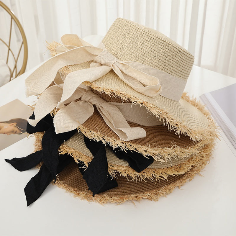 flat top straw sun hat with bowknot, view 9 - MRSLM