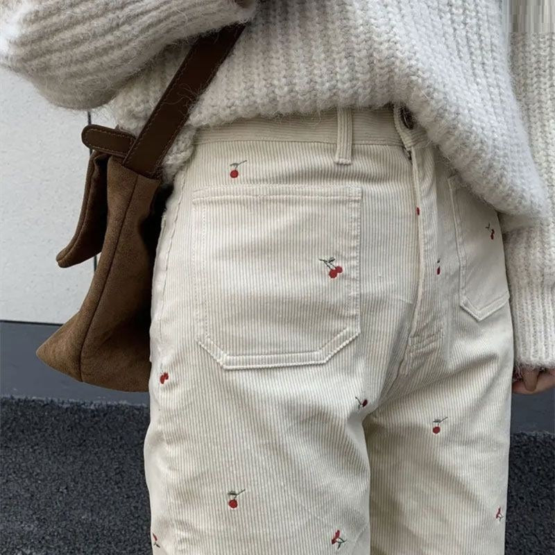 Retro Cherry Embroidered Corduroy Straight Casual Trousers