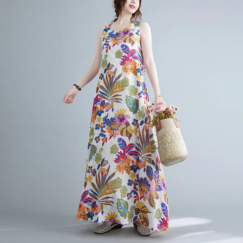 floral print cotton linen long dress, view 5 - MRSLM