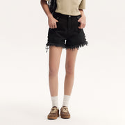 women's black rolled edge cotton shorts, view 2 - MRSLM