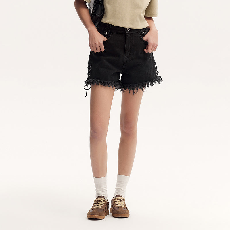women's black rolled edge cotton shorts, view 2 - MRSLM