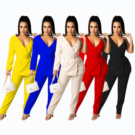 women's single-sleeve shirt and pants suit with chain belt - MRSLM