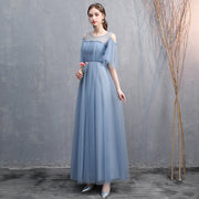 gray-blue off-shoulder banquet dress, view 2 - MRSLM