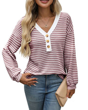 women's v-neck button pullover top, view 8 - MRSLM