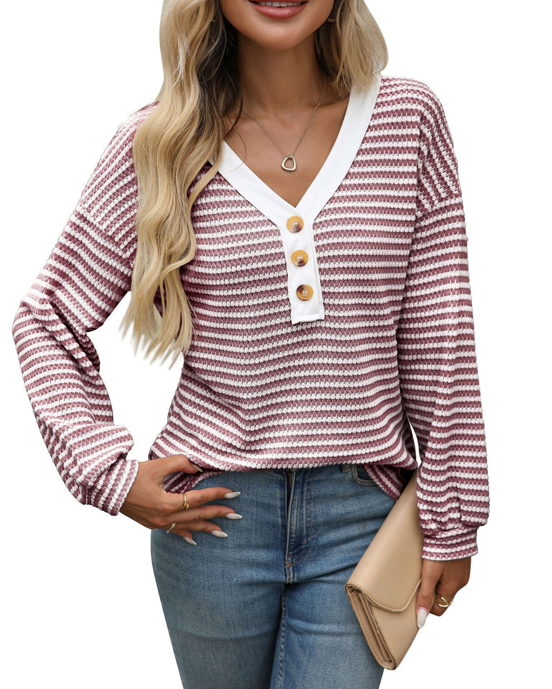 women's v-neck button pullover top, view 8 - MRSLM
