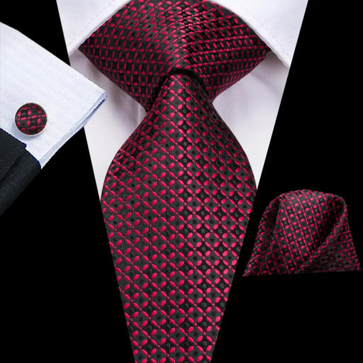Burgundy black plaid silk necktie set - MRSLM