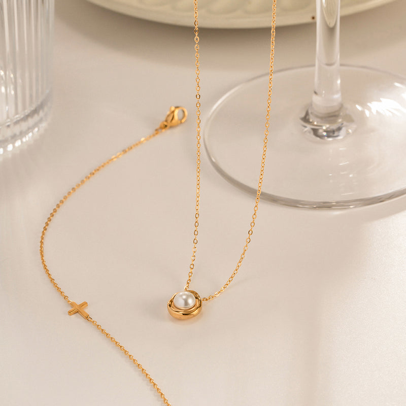 Stainless steel pearl pendant necklace, view 9 - MRSLM