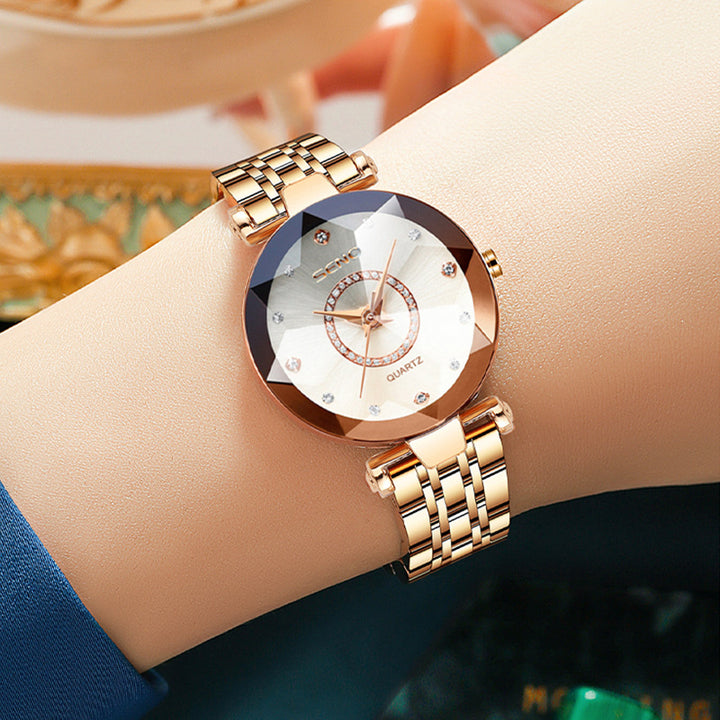 Starry Diamond Face Bright Polygonal Glass Solid Stainless Steel Strap Women's Waterproof Watch