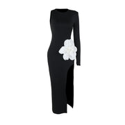 slim fit big flower high slit dress, view 5 - MRSLM