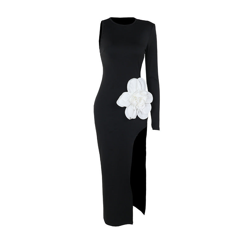 slim fit big flower high slit dress, view 5 - MRSLM